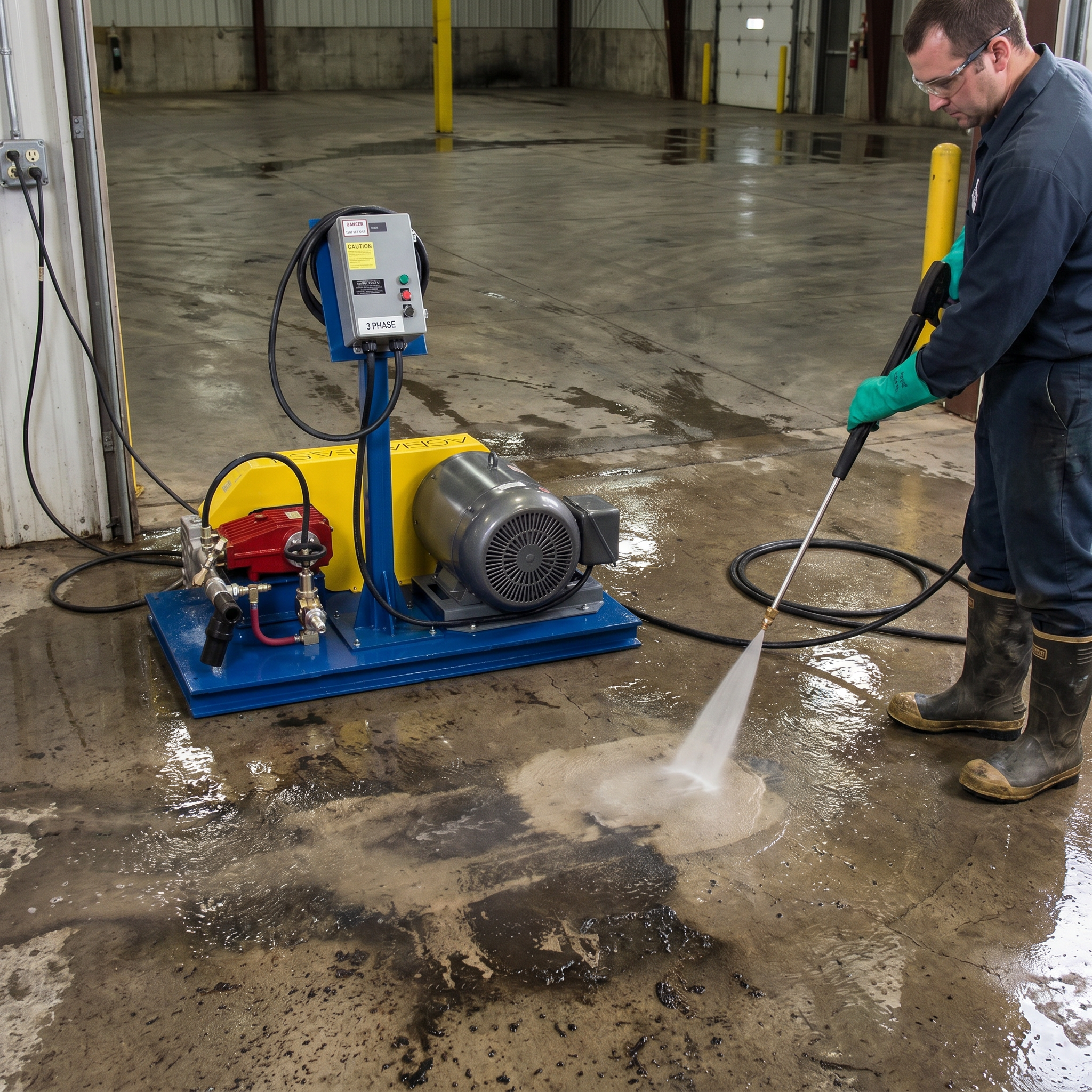 Worker in safety gear operating the 7250 PSI Cold Water Pressure Washer to spray and clean grease or stains off a concrete warehouse floor.
