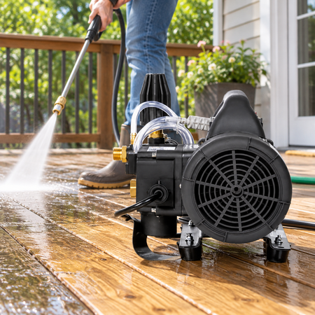 the 1500 PSI Handheld Pressure Washer is shown on a wooden deck being used by a person holding a pressure wand, with outdoor greenery and a house visible in the background.