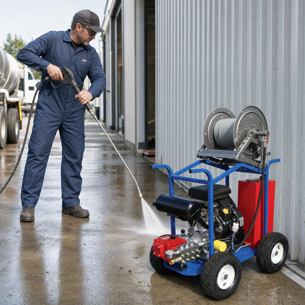 3.1 GPM at 10000 PSI Gasoline driven Cold Water Electric Start Pressure Washer in use for surface cleaning.