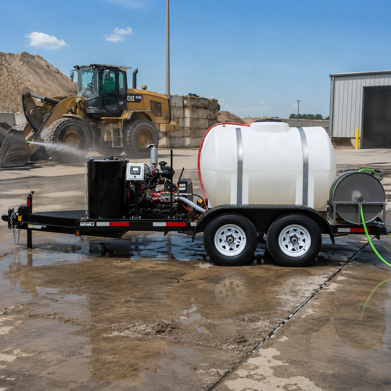 15,000 PSI diesel cold water trailer pressure washer in an outdoor construction setting with a CAT wheel loader in the background.