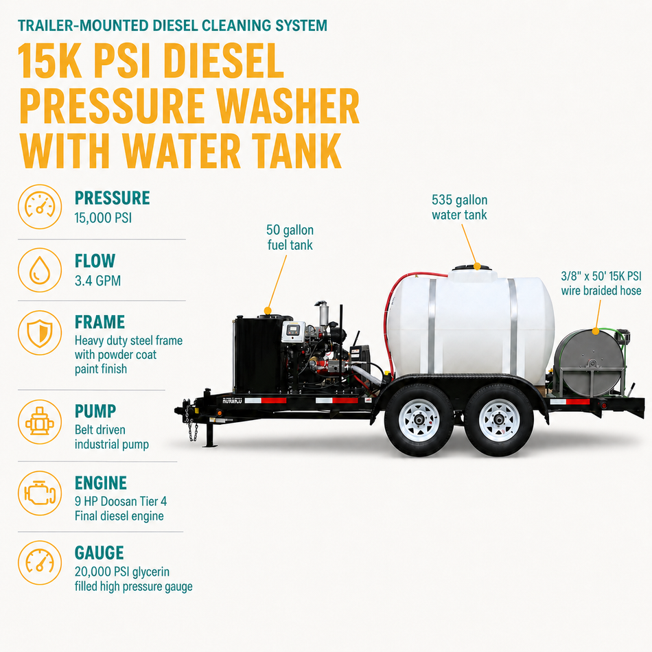 3.4 GPM @ 15000 PSI Diesel driven fuel oil fired Cold Water Electric Start Trailer infographic