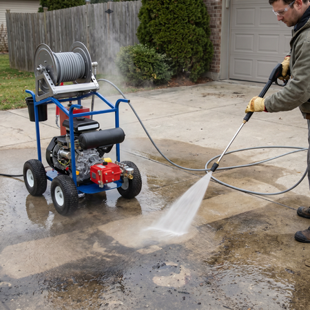 Worker using the 8000 PSI Gasoline driven Cold Water Electric Start Pressure Washer to clean a dirty concrete driveway.