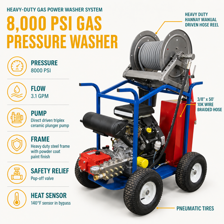 3.1 GPM @ 8000 PSI Gasoline driven Cold Water Electric Start Pressure Washer infographic