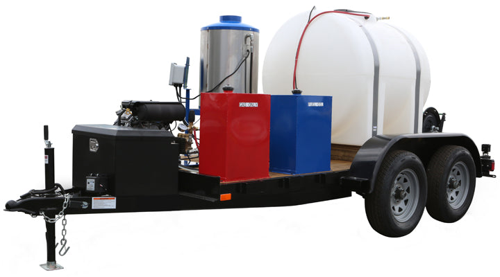 5.5 GPM at 4000 PSI Gasoline driven fuel oil fired Hot Water Electric Start Trailer