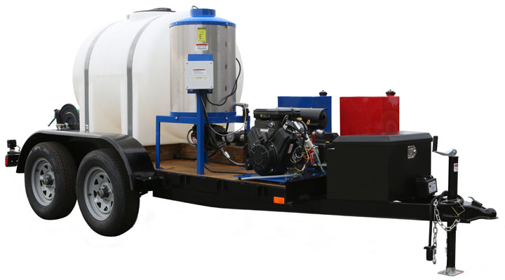 5.5 GPM at 4000 PSI Gasoline driven fuel oil fired Hot Water Electric Start Trailer
