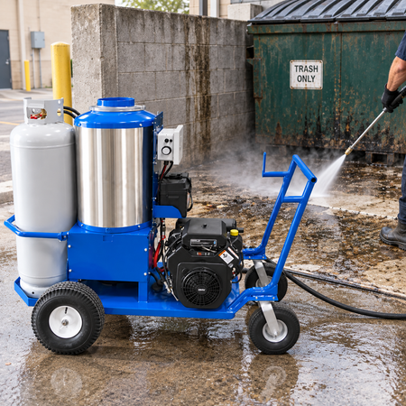 the 5000 PSI Propane Hot Water Pressure Washer with Liquid Propane Burner being used outdoors to clean a concrete surface, with a person holding a pressure washer hose visible on the right side.