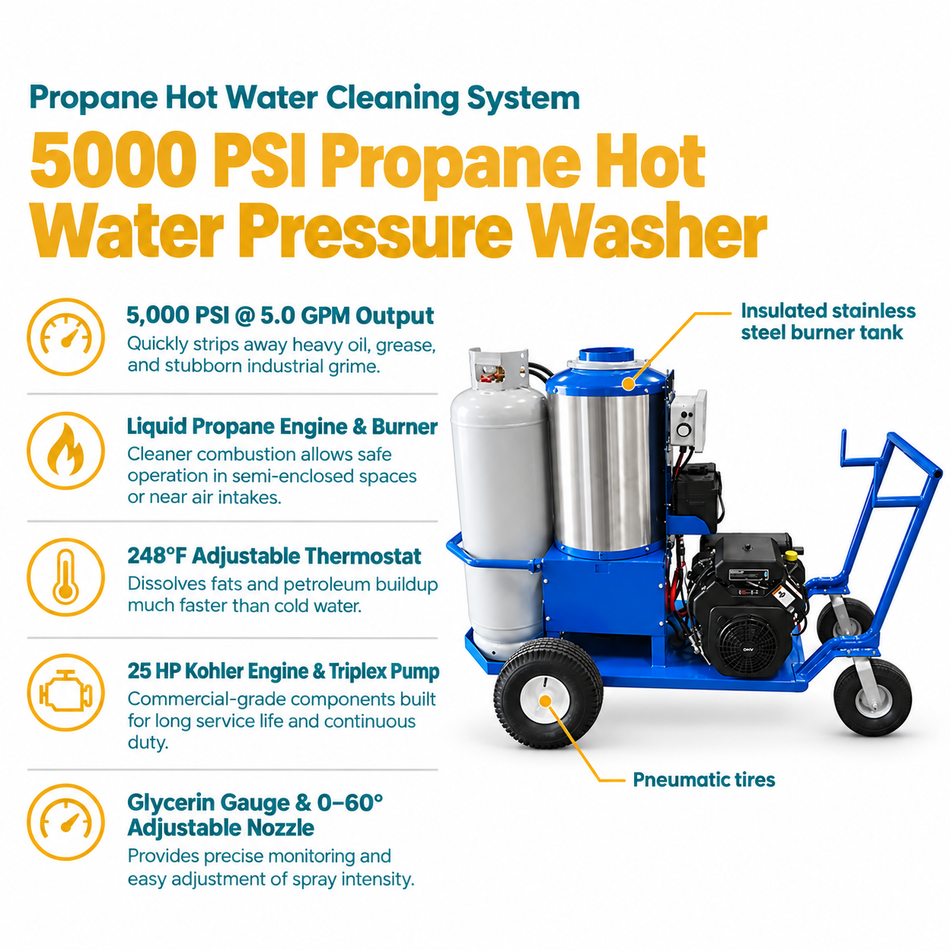 infographic of the 5000 PSI Propane Hot Water Pressure Washer with Liquid Propane Burner