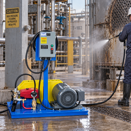 Worker in protective gear operating a 7000 PSI 3-phase electric industrial pressure washer near a chemical tank