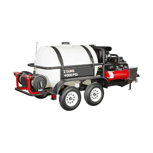7 GPM @ 4000 PSI Gasoline driven, with Belt Drive, fuel oil fired Hot water, Electric Start Trailer