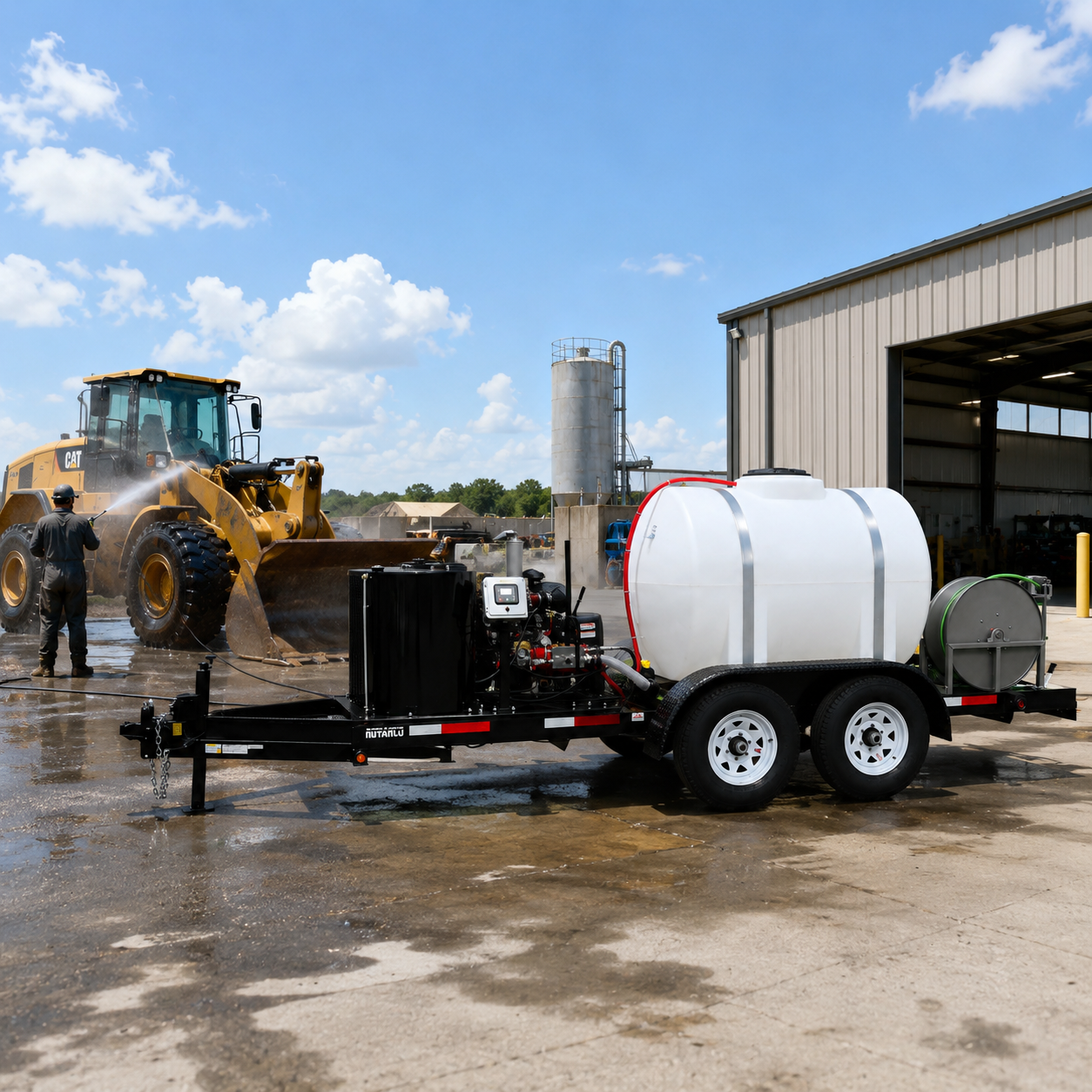 10,000 PSI diesel cold water trailer pressure washer featuring a water tank on a commercial job site.