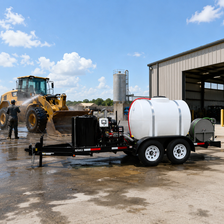 10,000 PSI diesel cold water trailer pressure washer featuring a water tank on a commercial job site.