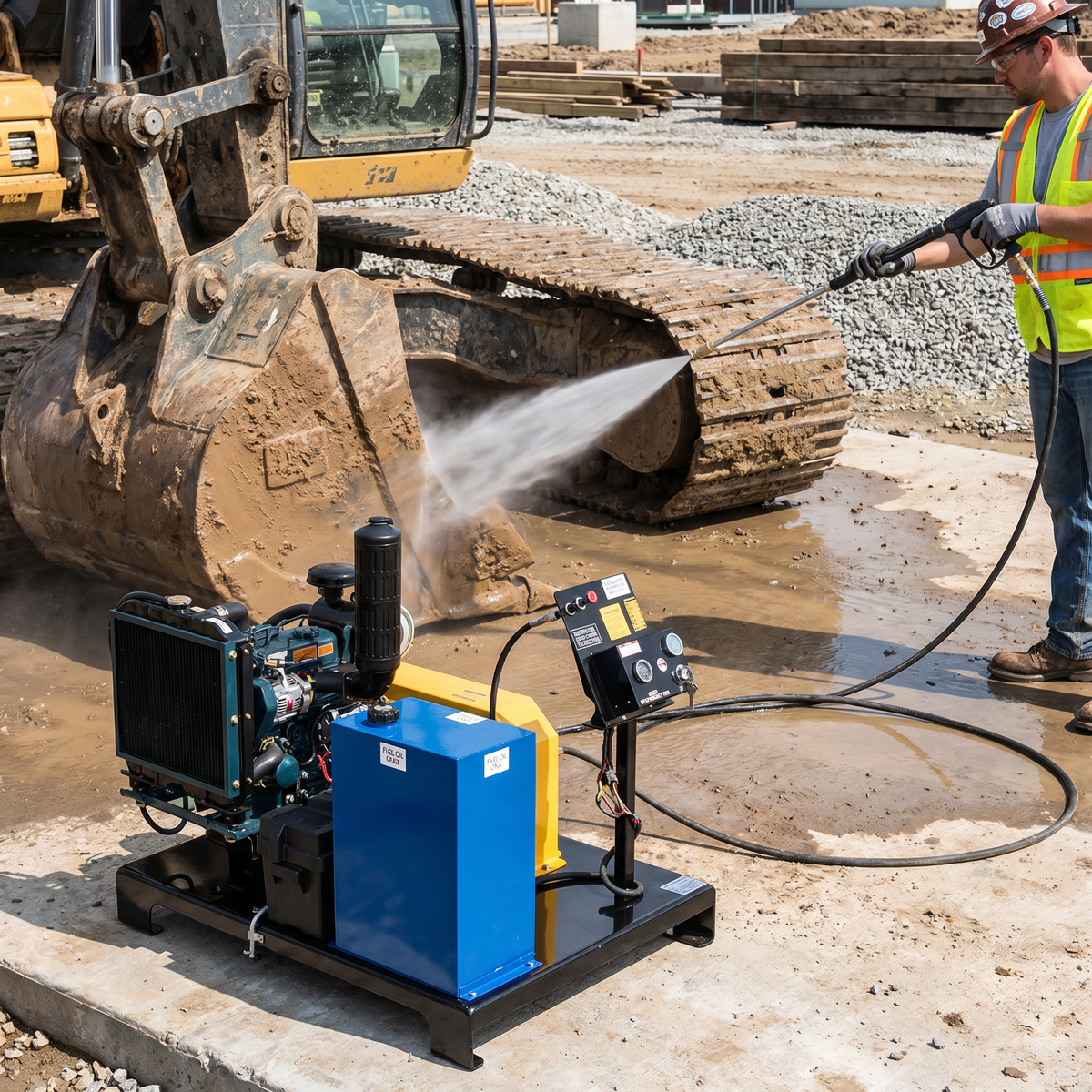 An operator using a 10,000 PSI diesel power washer to clean the tracks of a excavator on a construction site.