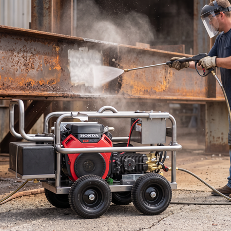 The 5000 PSI Gas High Pressure Washer with a Honda engine and silver frame, being used by a worker to spray down a large rusty steel beam in an industrial setting.