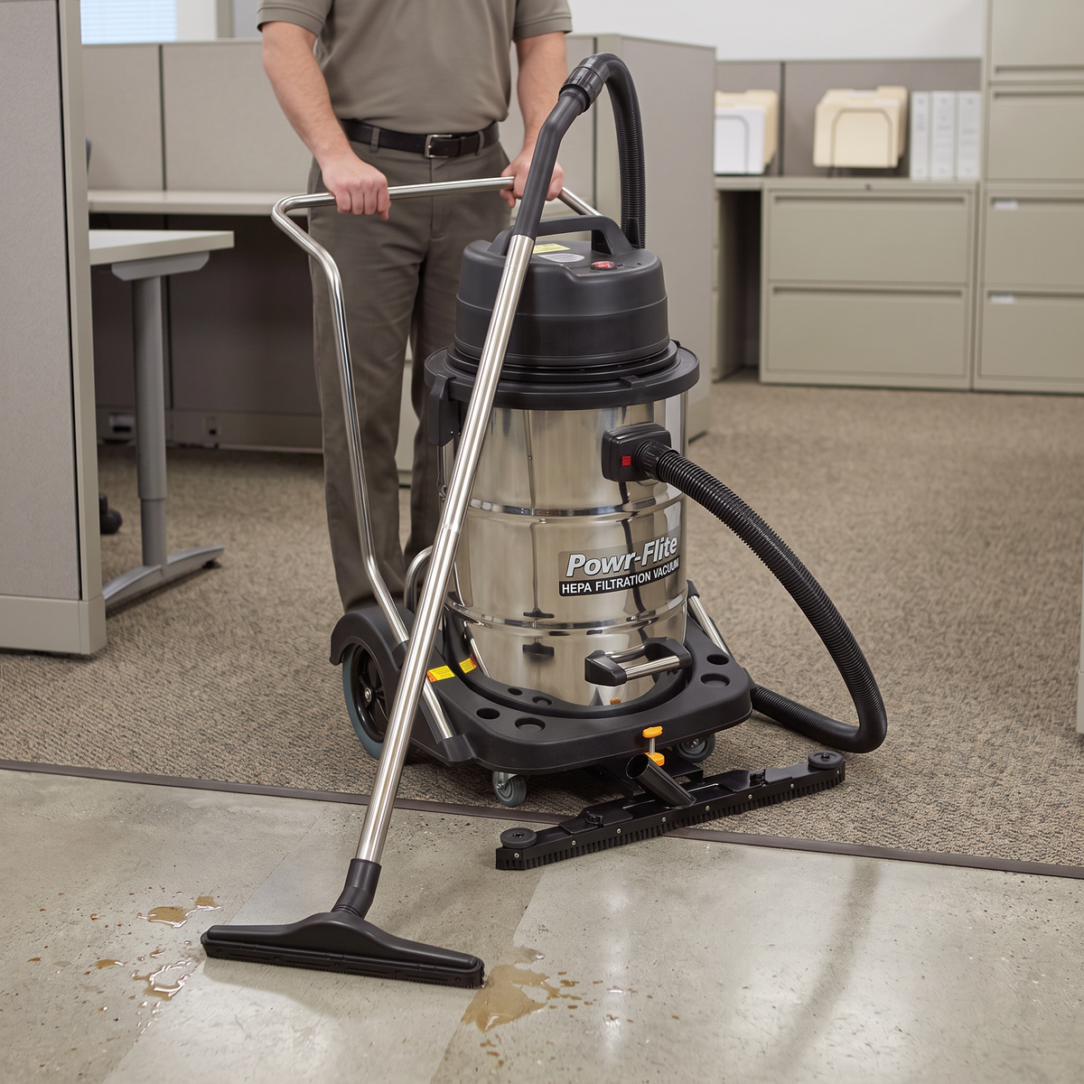 A Power-Flex wet/dry vacuum cleaner being operated in an office environment.