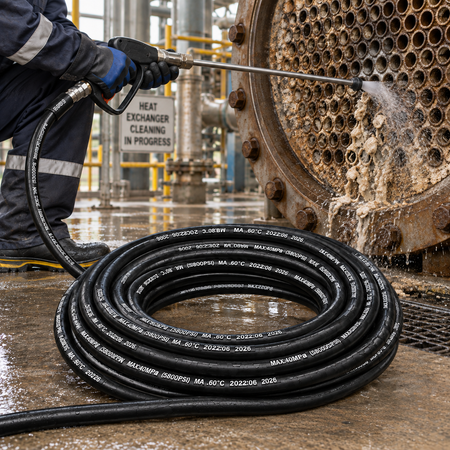 Heavy-duty 16000 PSI waterblasting hose connected to a pressure wand cleaning industrial equipment