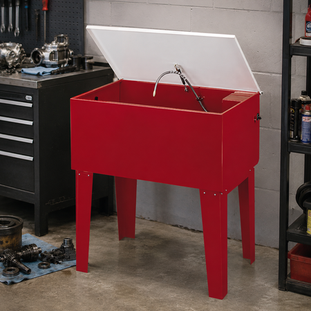 Leg Mount Solvent Washer with open lid on a workshop floor.