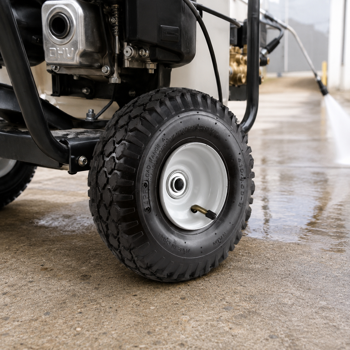 10 inch Pneumatic Tires on an outdoor equipment cart.