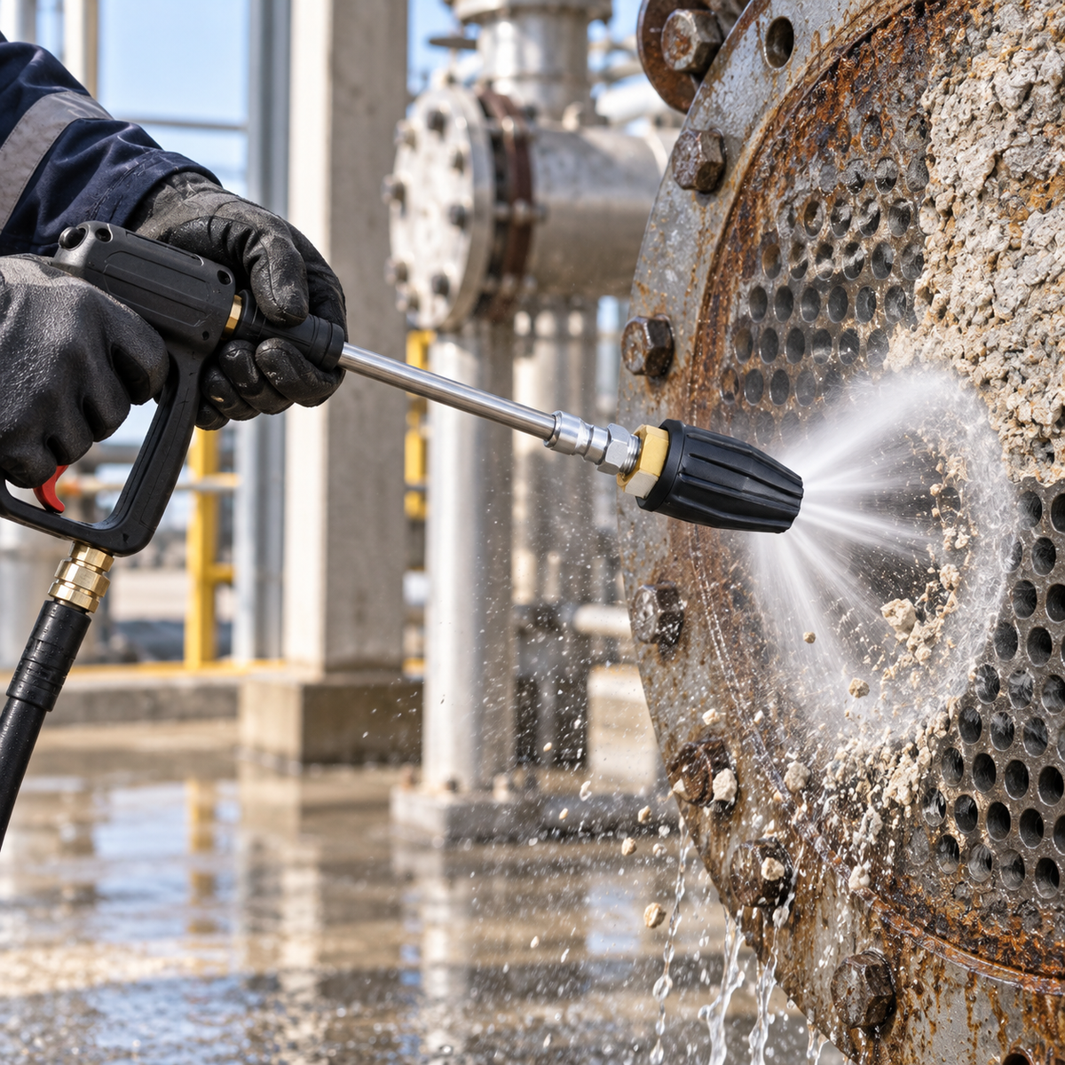 Worker using the 3200 PSI Rotating Turbo Nozzle attached on a spray gun and wand to clean a industrial metal surface