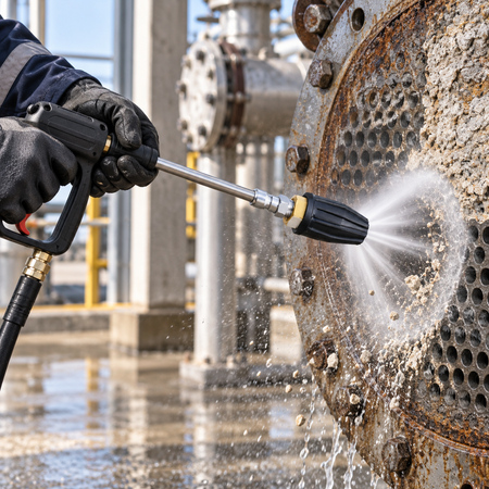 Worker using the 3200 PSI Rotating Turbo Nozzle attached on a spray gun and wand to clean a industrial metal surface