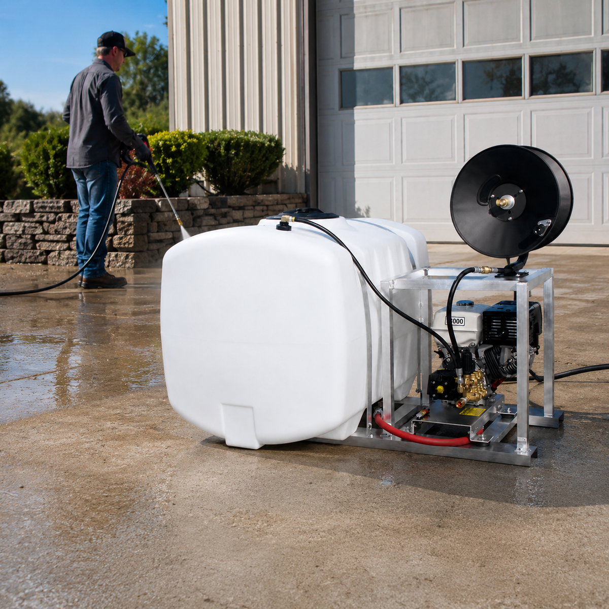 4000 PSI Pro-Skid Pressure Washer Kit w/ 100 Gallon Tank in use for driveway cleaning.