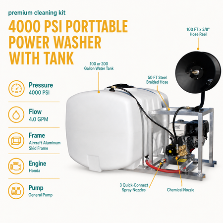 4000 PSI Pro-Skid Pressure Washer Kit w/ 100 Gallon Tank infographic