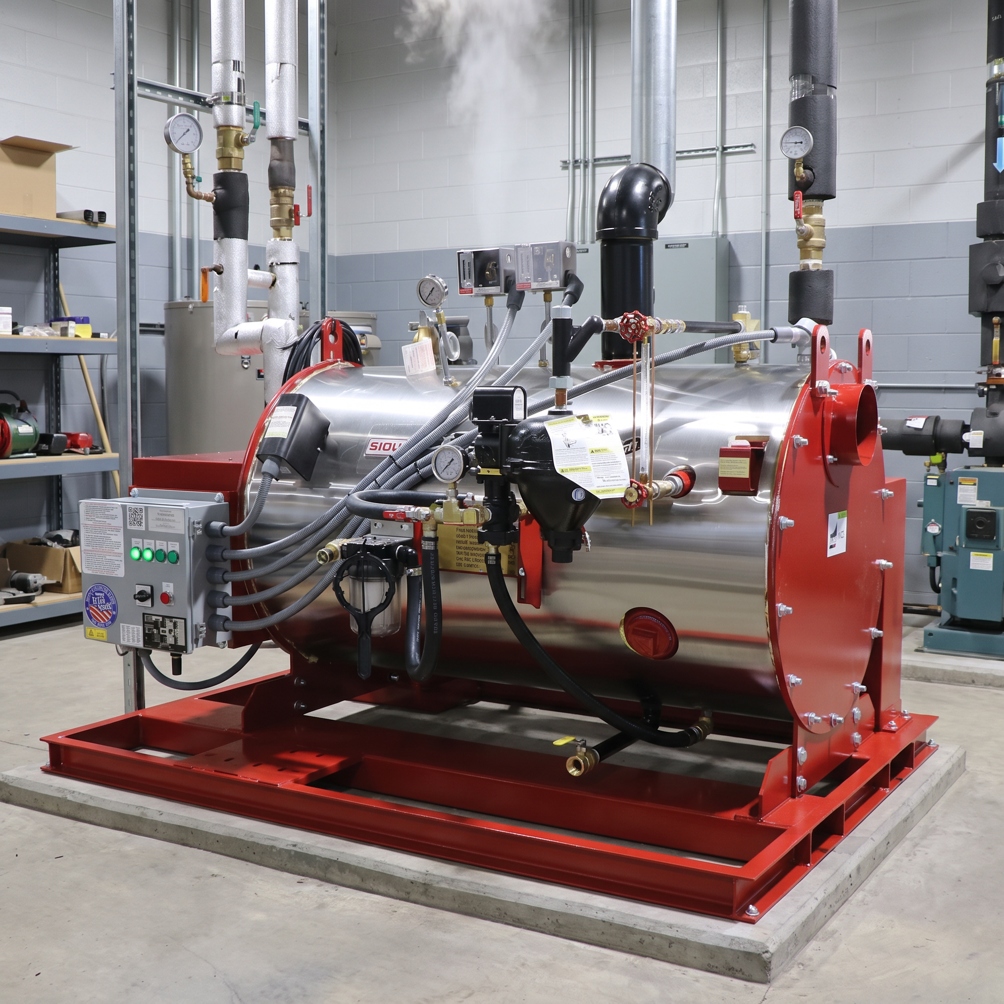 Gas-Fired Steam Generator with an 11.1 BHP boiler system and integrated control box sitting on a concrete floor next to plumbing lines.