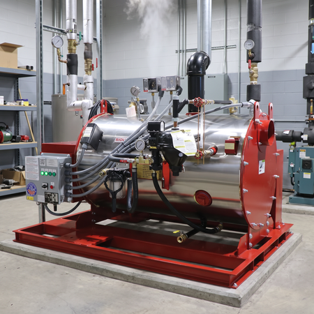 Gas-Fired Steam Generator with an 11.1 BHP boiler system and integrated control box sitting on a concrete floor next to plumbing lines.