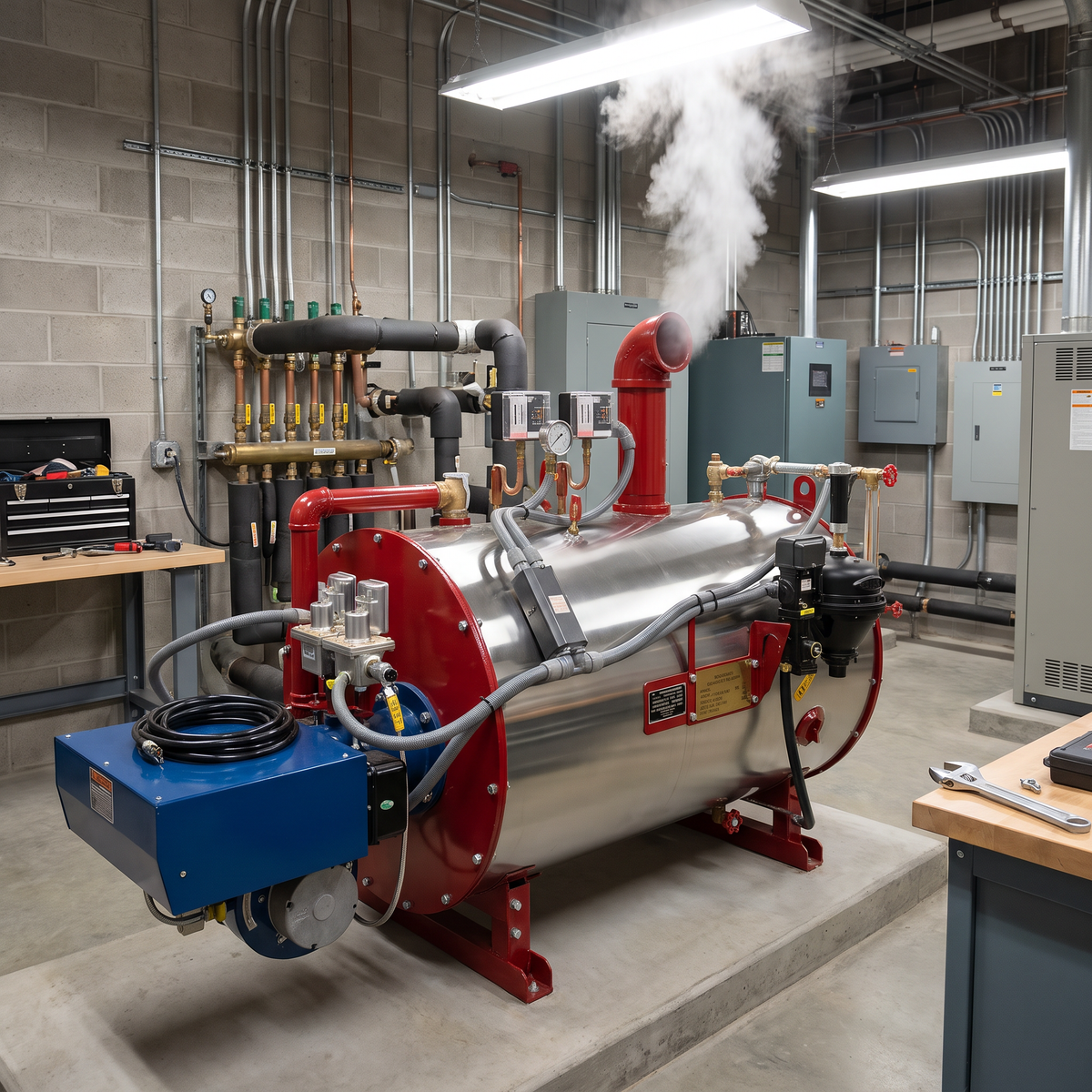 Oil-Fired Steam Generator operating inside an industrial facility bay.