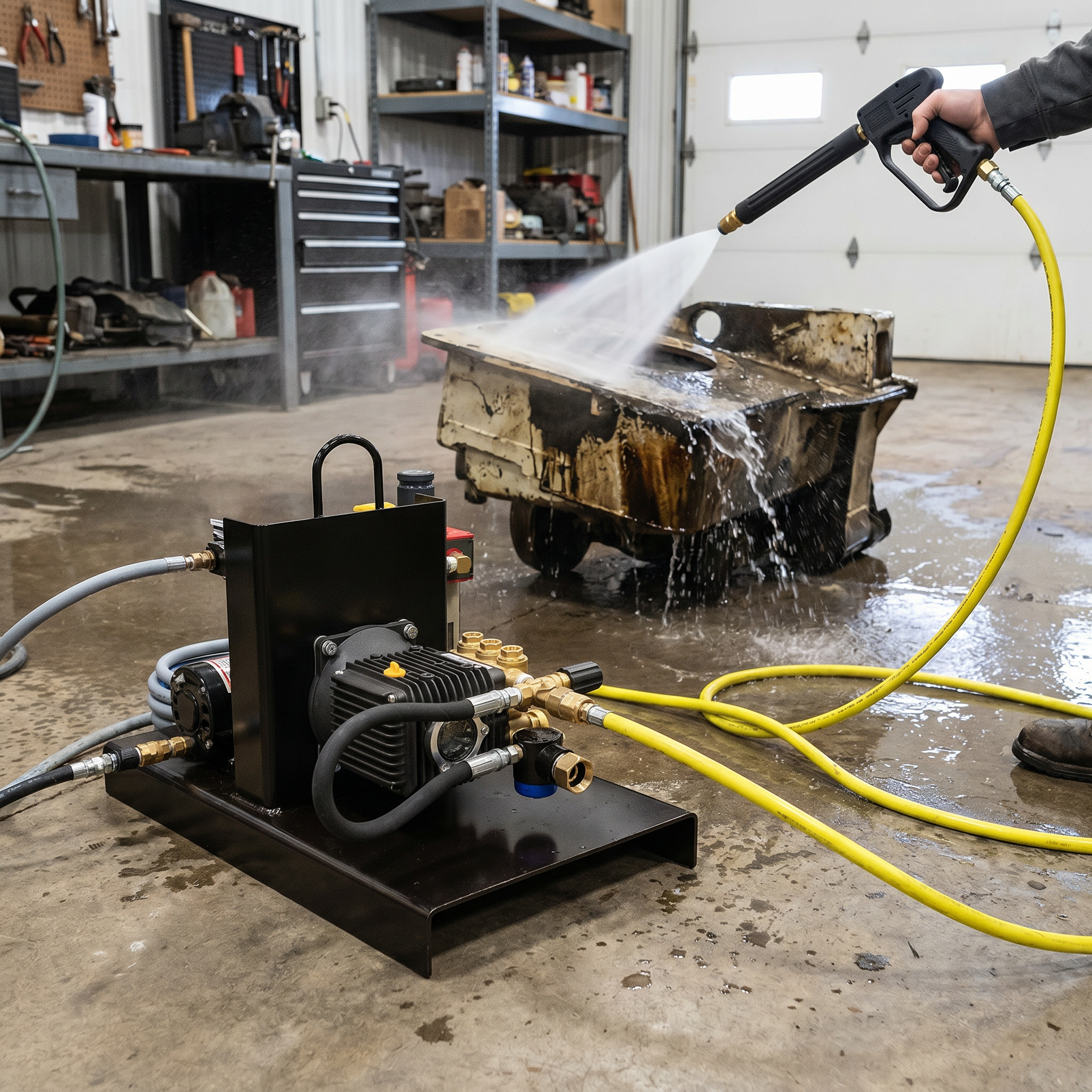 1000 PSI cold water pneumatic power washer featuring a black steel skid frame and a triplex plunger pump being operated with a yellow high-pressure hose.