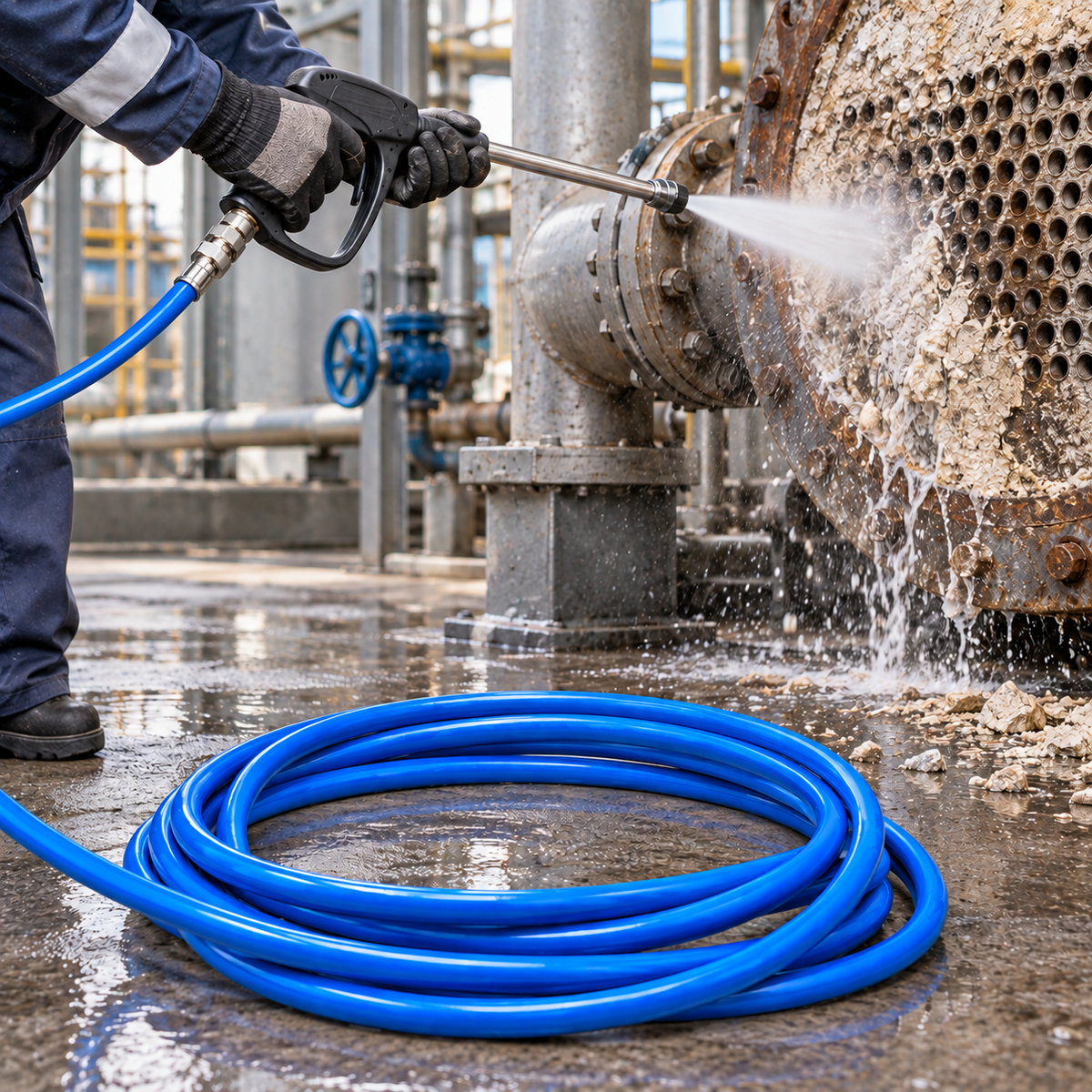 A worker sprays a large industrial metal vessel with the 20000 PSI High Pressure Water Blaster Hose. The hose lies on the wet concrete floor in the foreground, with industrial pipes and machinery visible in the background.