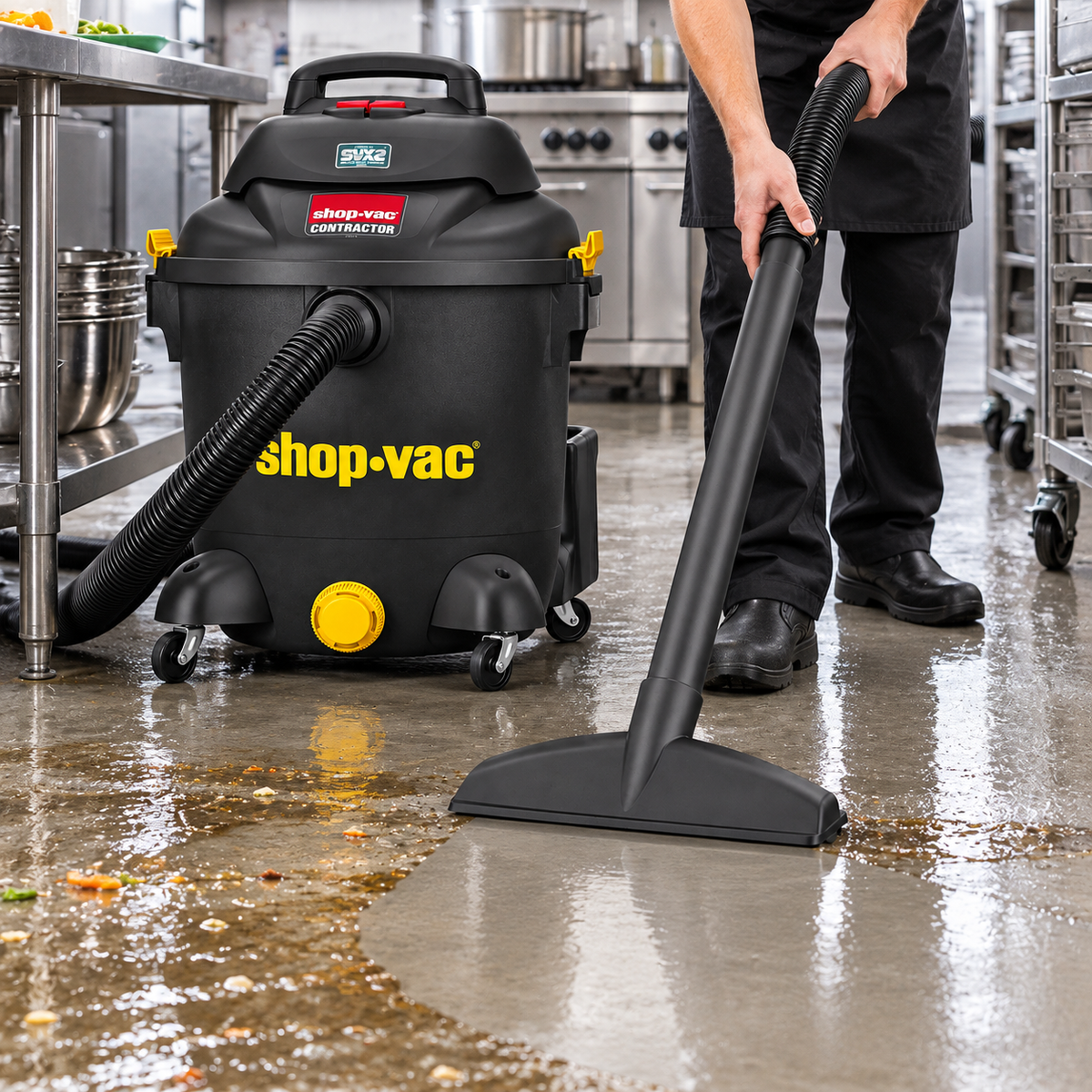 A Shop-Vac commercial wet/dry vacuum cleaner in black with yellow branding, shown in a commercial kitchen setting with a person using the hose to clean a wet floor.
