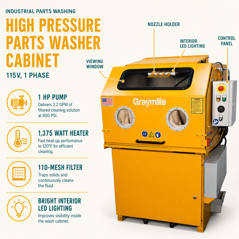 Yellow High Pressure Parts Washer Cabinet infographic