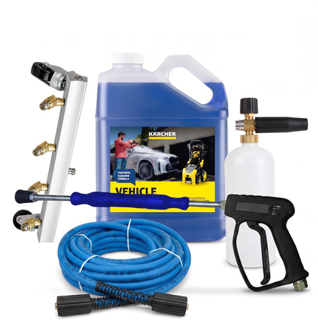 High-Pressure Touchless Car Wash Kit with cleaning solution, foam cannon, spray gun, and pressure washer hose.
