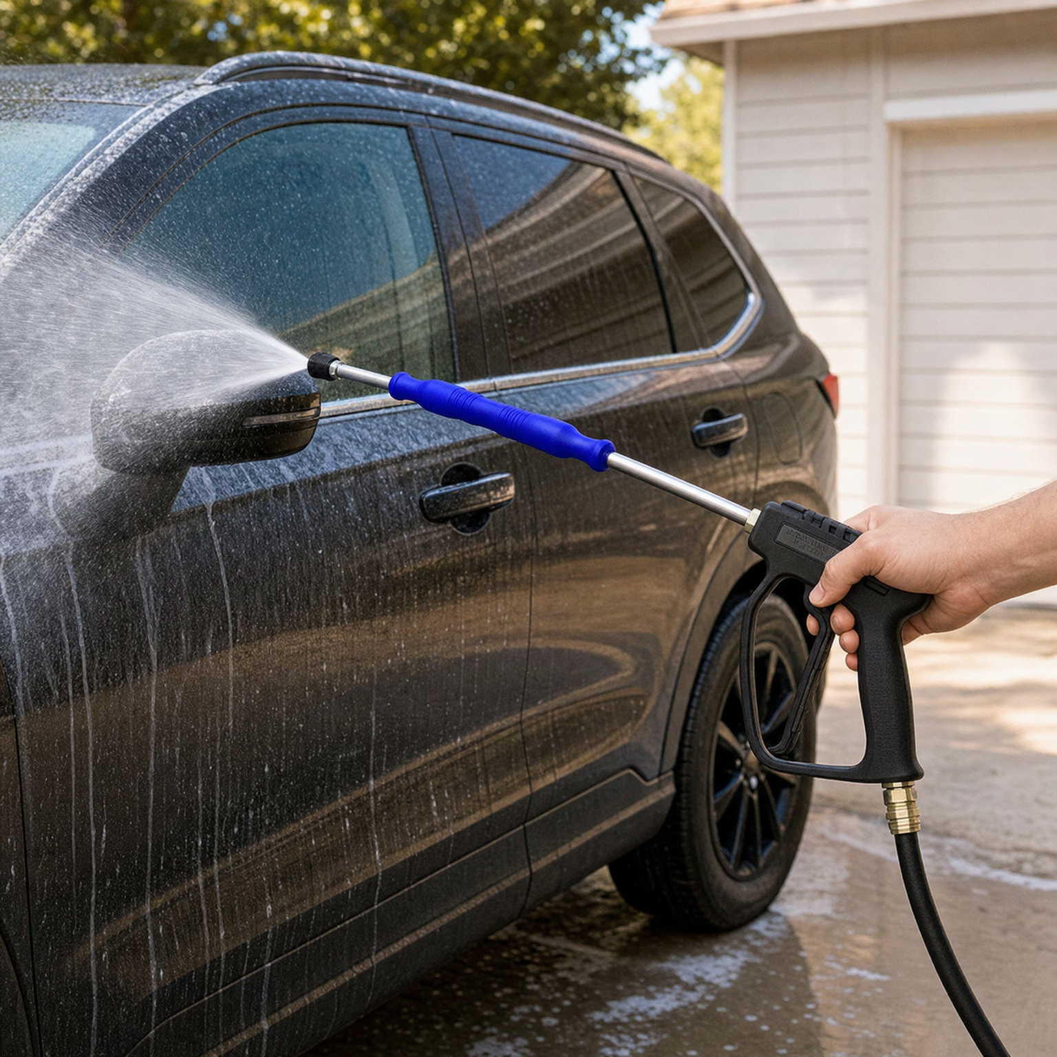 Person using car wash trigger gun with flexible wand assembly to pressure wash an SUV