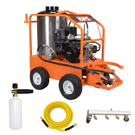 A 4000 PSI Propane Powered Hot Water Pressure Washer, shown with a white foam bottle, a coiled 3000 PSI 100 Feet Pressure Washer Hose, and a 16" Under Car Broom.