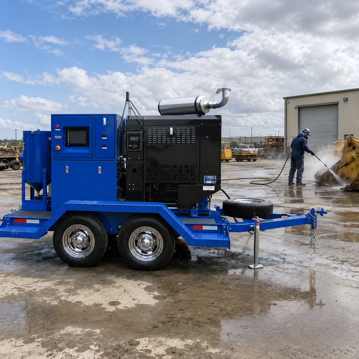 40K PSI Trailer High Pressure Water Blaster in use for equipment cleaning.