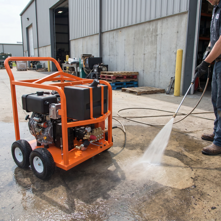 Worker operating the 5000 PSI Diesel Wheeled Pressure Washer on a concrete driveway outside a facility.