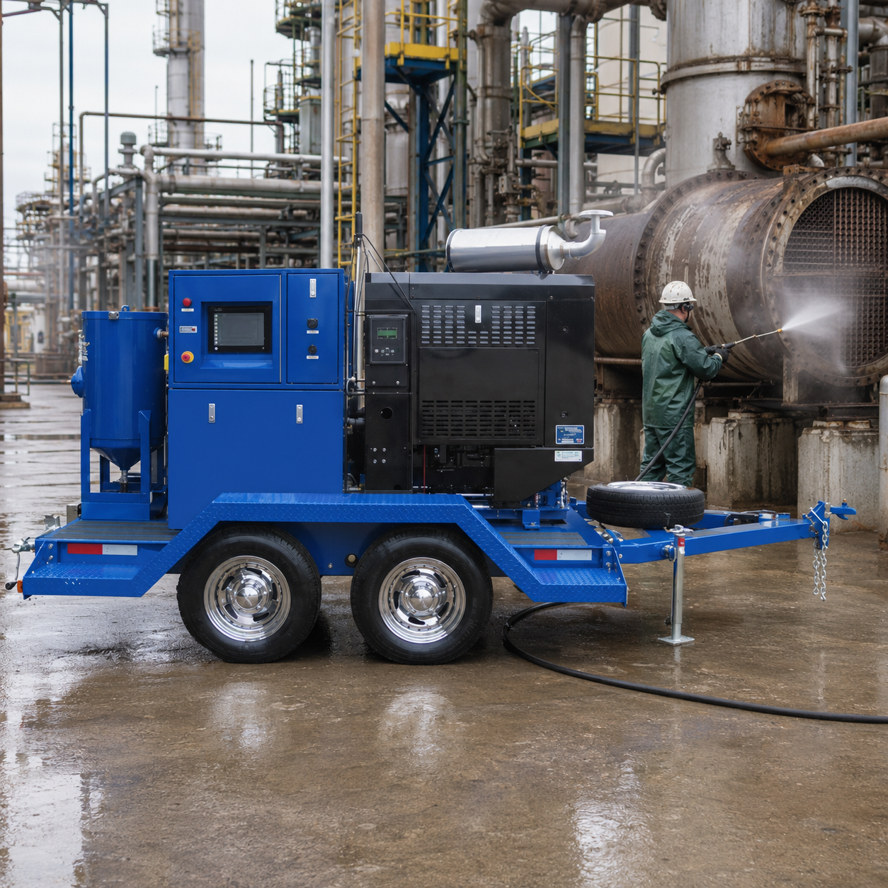 Diesel 40K PSI Water Blasting Unit on a heavy-duty dual-axle trailer being operated for industrial tube and pipe cleaning applications.