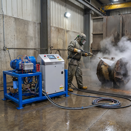 Operator wearing full protective safety gear using a 40,000 PSI high-pressure water blaster to clean heavy industrial equipment inside a facility.