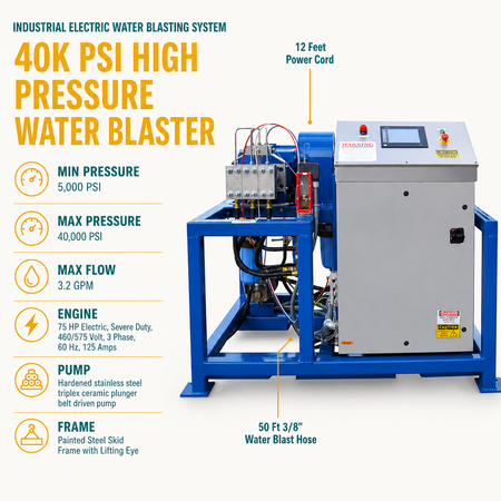 Electric 40K PSI Water Blasting Unit infographic
