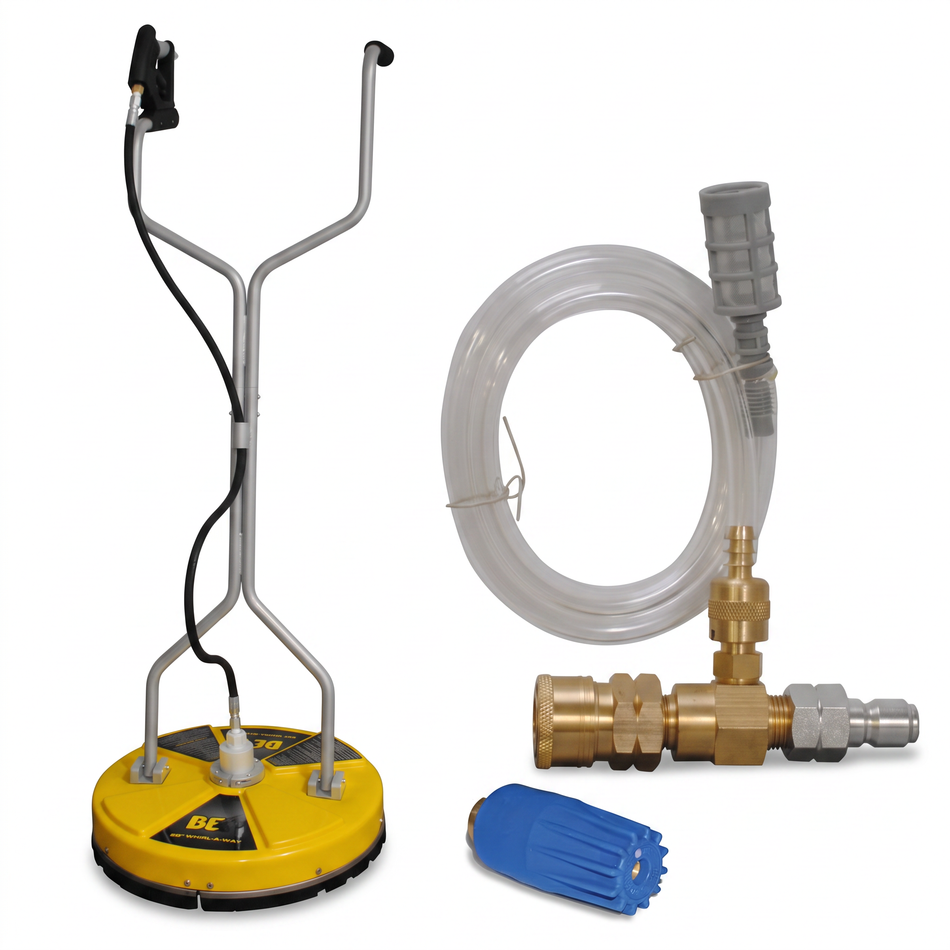 The Surface Cleaner & Chemical Injector Kit for Driveways & Sidewalks featuring 16" BE Surface Cleaner, a chemical injector, and a turbo nozzle.