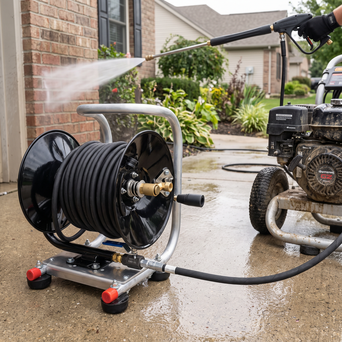 Ultimate Washer 4000 PSI aluminum hand-carry hose reel kit featuring a steel hand crank, rubber shock-isolating feet, a black carbon ball valve, and a 4-foot jumper hose connected to a gas power washer.