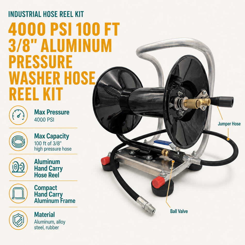 Pressure Washer Hose Reel Kit infographic