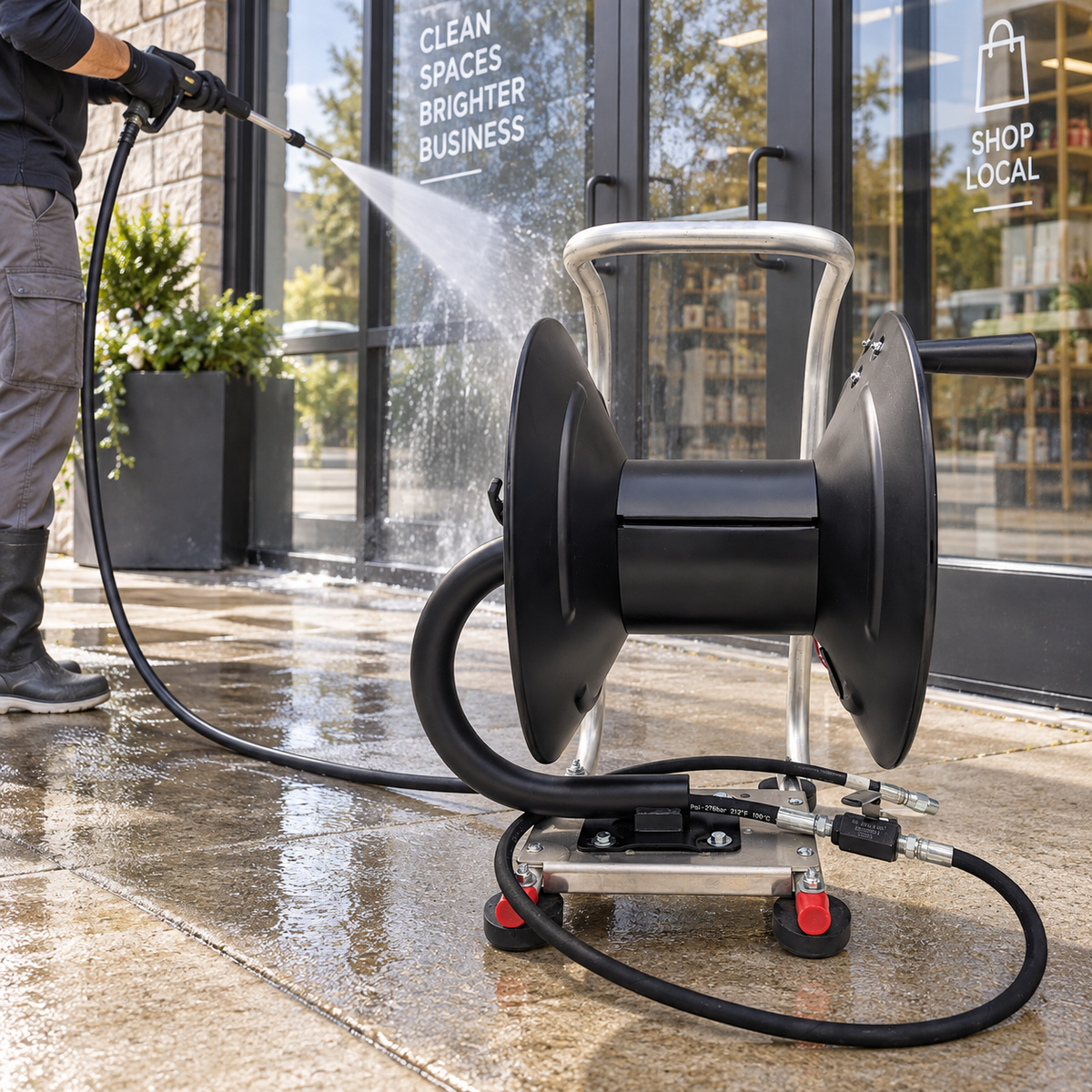 the 200 feet 3/8 inch hose reel kit, shown outdoors on a wet stone patio in front of a storefront. A person on the left is spraying water with a hose attachment.