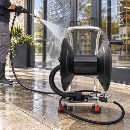 the 200 feet 3/8 inch hose reel kit, shown outdoors on a wet stone patio in front of a storefront. A person on the left is spraying water with a hose attachment.