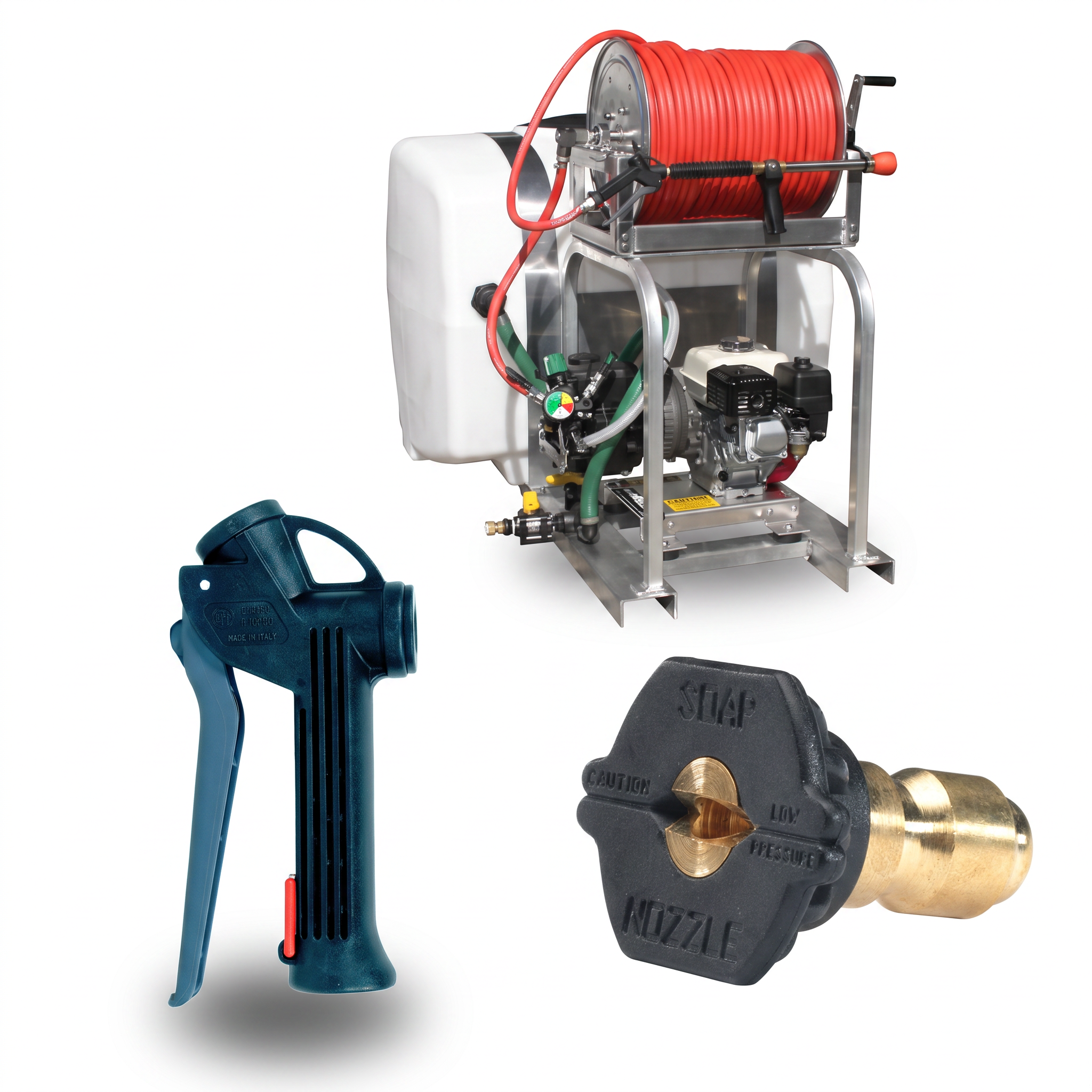 Commercial Soft Wash Rig Kit with a 300 PSI Soft Washing Equipment, a HydroJet Soft Wash Trigger Gun, and a Pressure Washer Soap Nozzle.