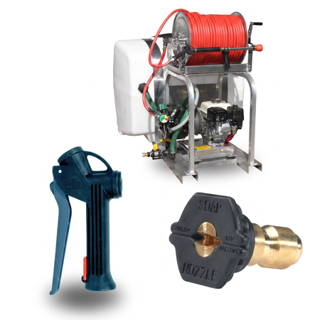 Commercial Soft Wash Rig Kit with a 300 PSI Soft Washing Equipment, a HydroJet Soft Wash Trigger Gun, and a Pressure Washer Soap Nozzle.