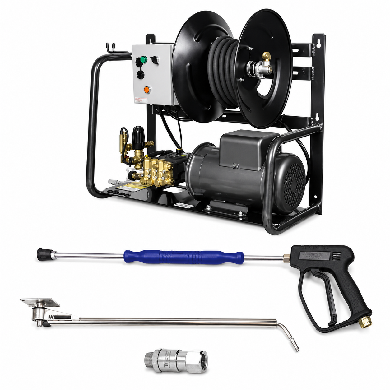 A Wall-Mounted Commercial Wash Bay Kit with a 2000 PSI Wall Mounted Power Washer, a 4000 PSI Car Wash Ceiling Boom, a 3000 PSI Car Wash Trigger Gun and Flexible Wand Assembly, and a 3/8" MNPT x 3/8" FNPT Gun Swivel.