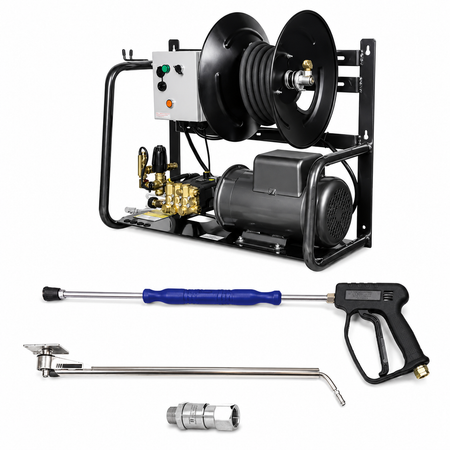 A Wall-Mounted Commercial Wash Bay Kit with a 2000 PSI Wall Mounted Power Washer, a 4000 PSI Car Wash Ceiling Boom, a 3000 PSI Car Wash Trigger Gun and Flexible Wand Assembly, and a 3/8" MNPT x 3/8" FNPT Gun Swivel.