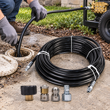The 4400 PSI Sewer Jetter Kit displayed outdoors on concrete, with a person's gloved hands connecting one end to a pipe opening and a pump visible in the background.